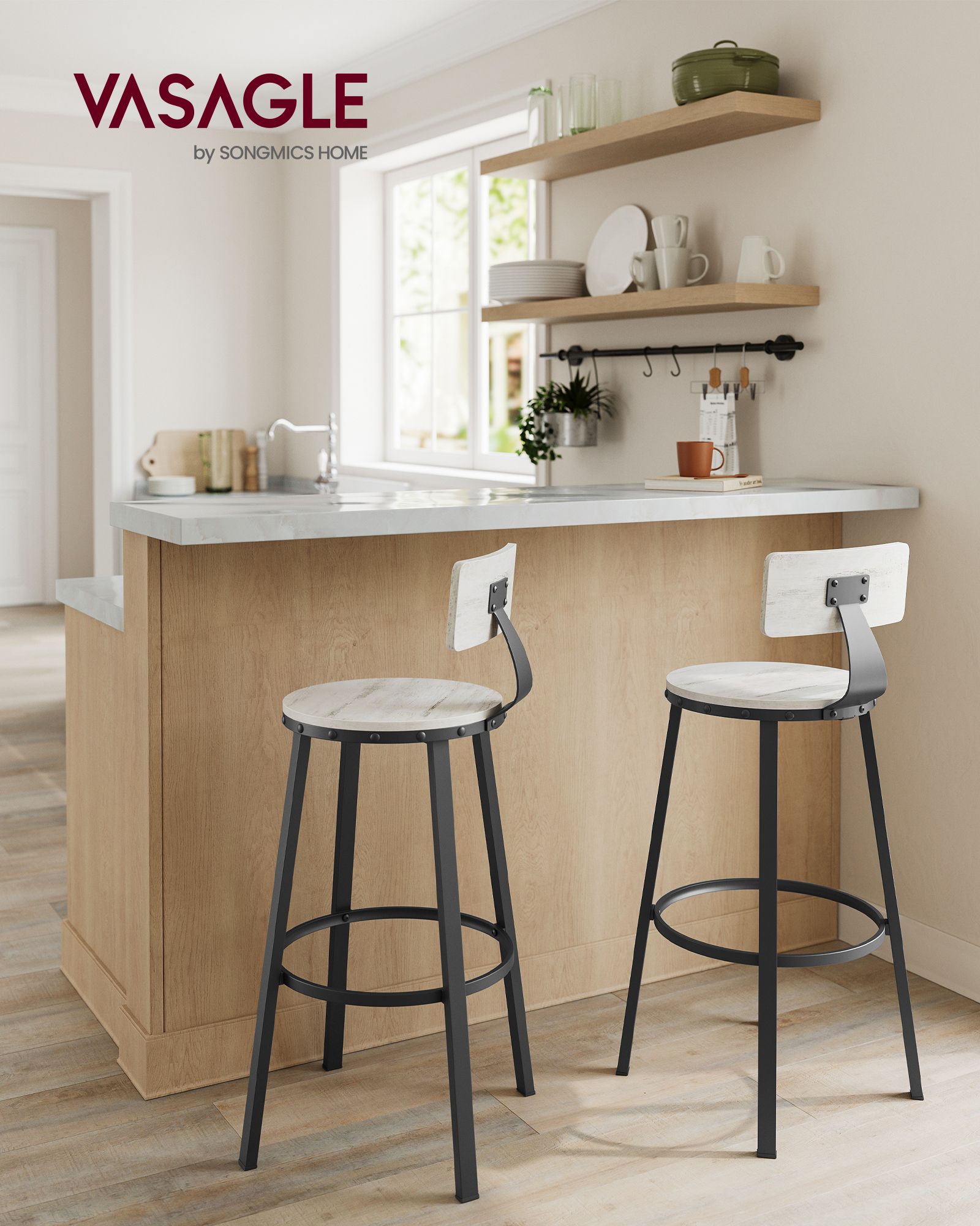 Tall Bar Stools – Heavy-Duty Steel – Rustic Brown and Black – Backrest Design, Easy Assembly, 73.2 cm High Seat