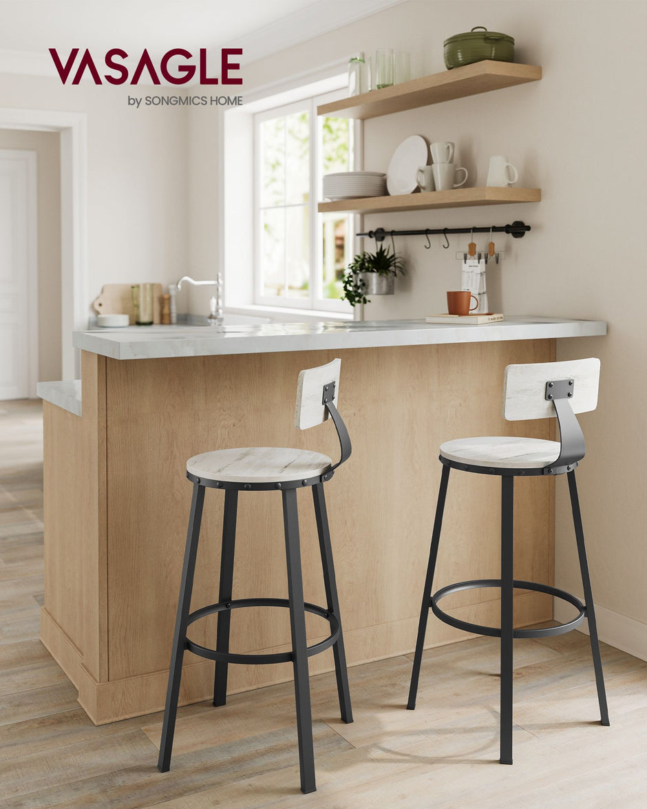 Tall Bar Stools – Heavy-Duty Steel – Rustic Brown and Black – Backrest Design, Easy Assembly, 73.2 cm High Seat