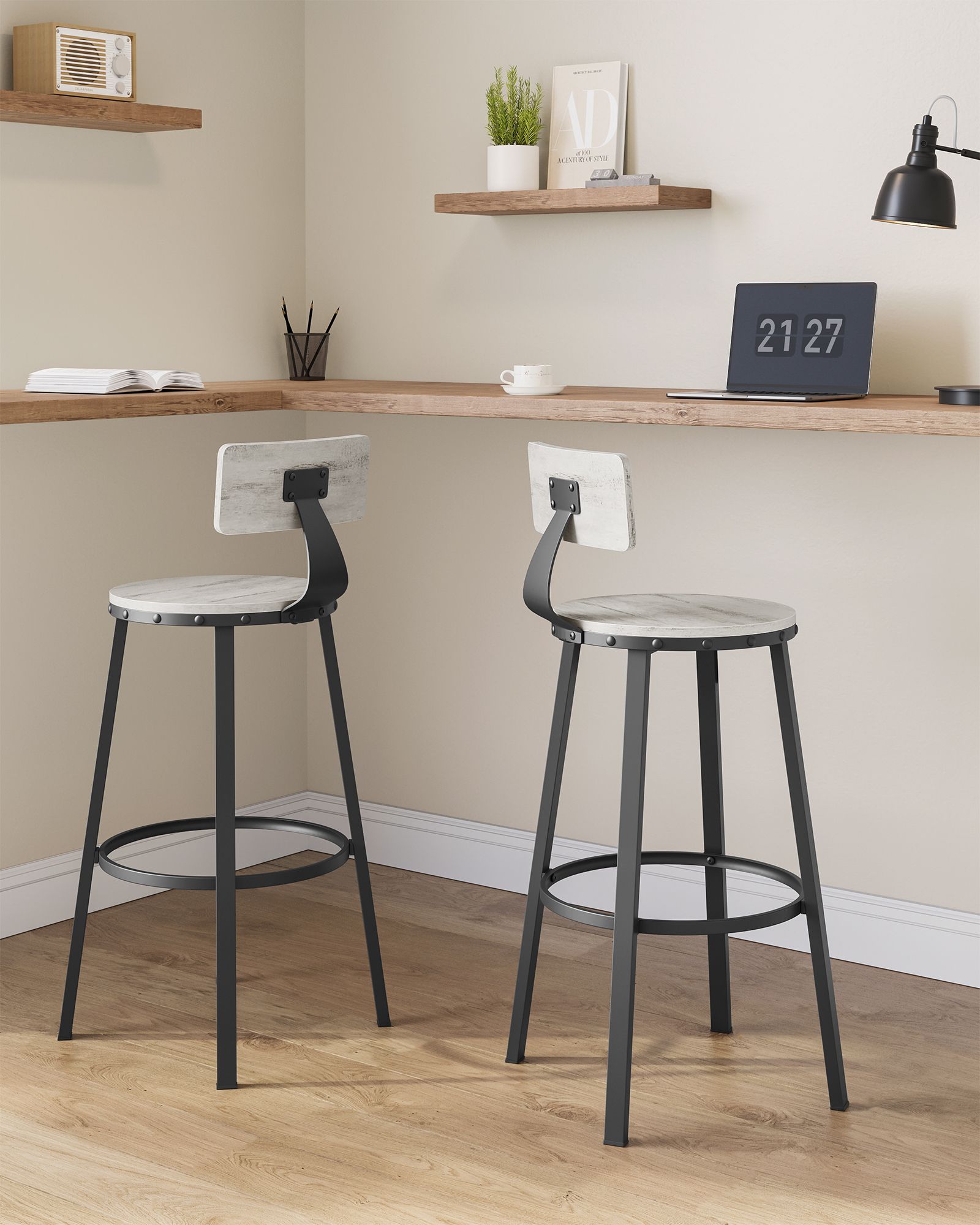 Tall Bar Stools – Heavy-Duty Steel – Rustic Brown and Black – Backrest Design, Easy Assembly, 73.2 cm High Seat