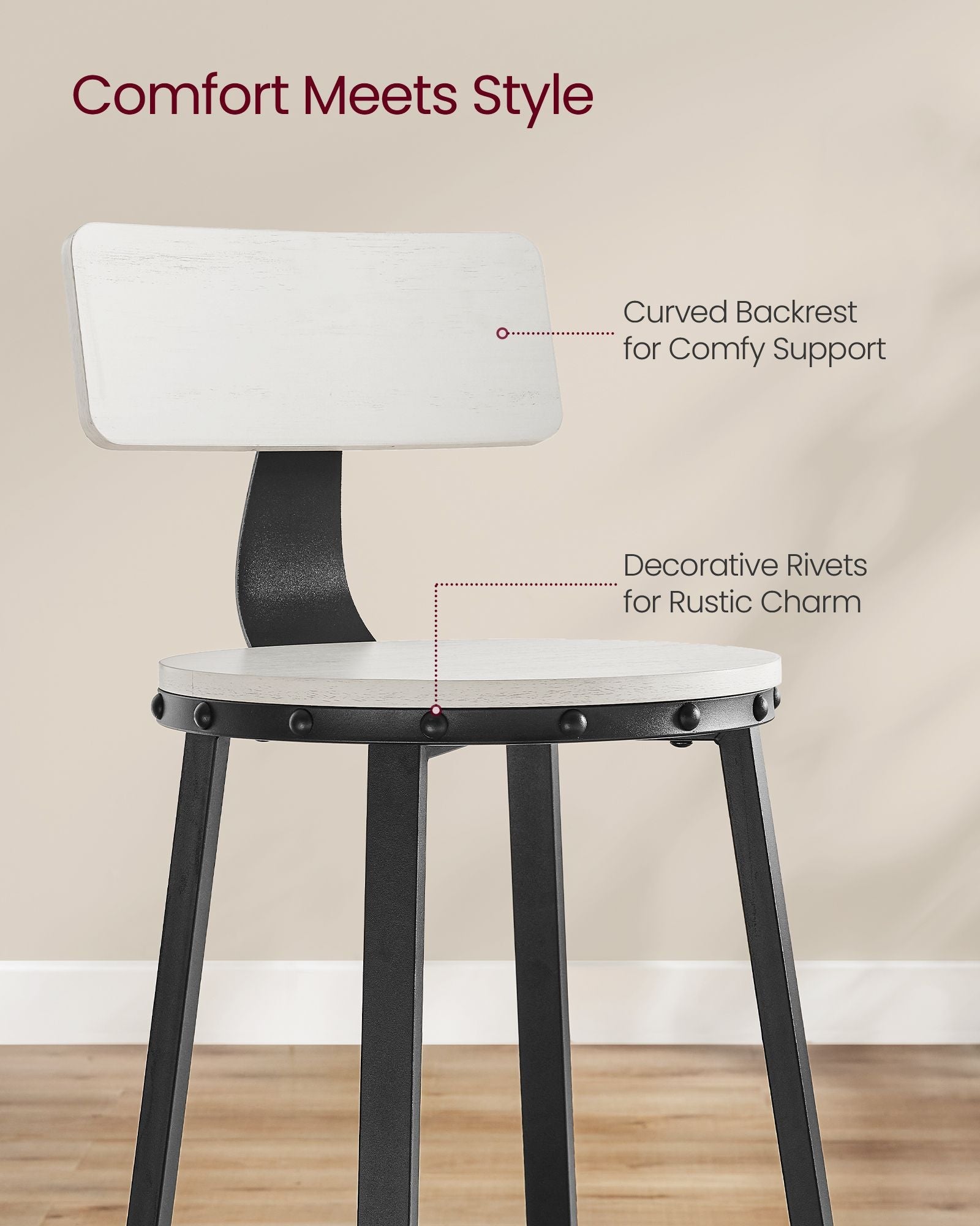 Tall Bar Stools – Heavy-Duty Steel – Rustic Brown and Black – Backrest Design, Easy Assembly, 73.2 cm High Seat