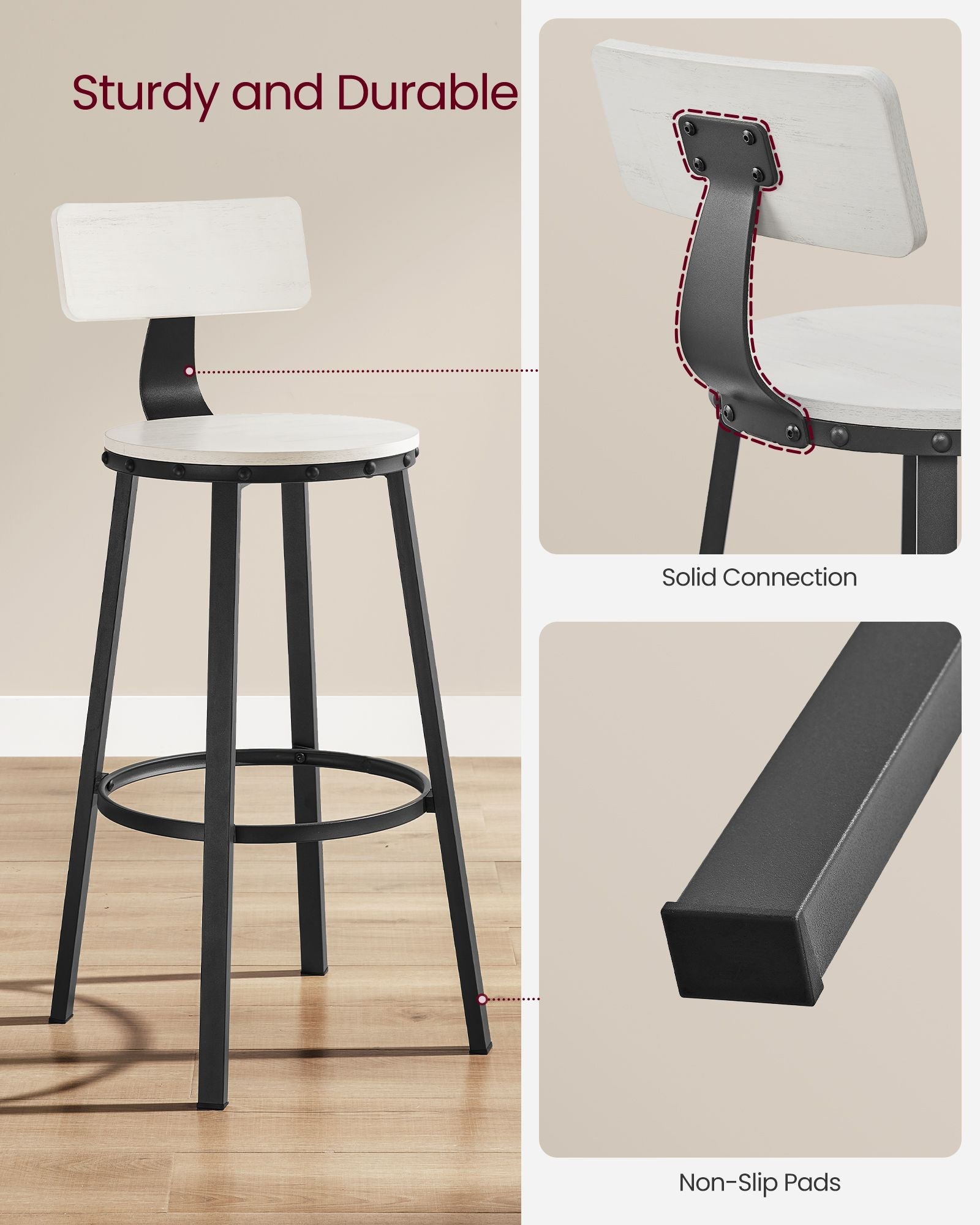 Tall Bar Stools – Heavy-Duty Steel – Rustic Brown and Black – Backrest Design, Easy Assembly, 73.2 cm High Seat