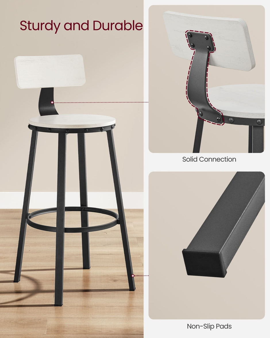 Tall Bar Stools – Heavy-Duty Steel – Rustic Brown and Black – Backrest Design, Easy Assembly, 73.2 cm High Seat
