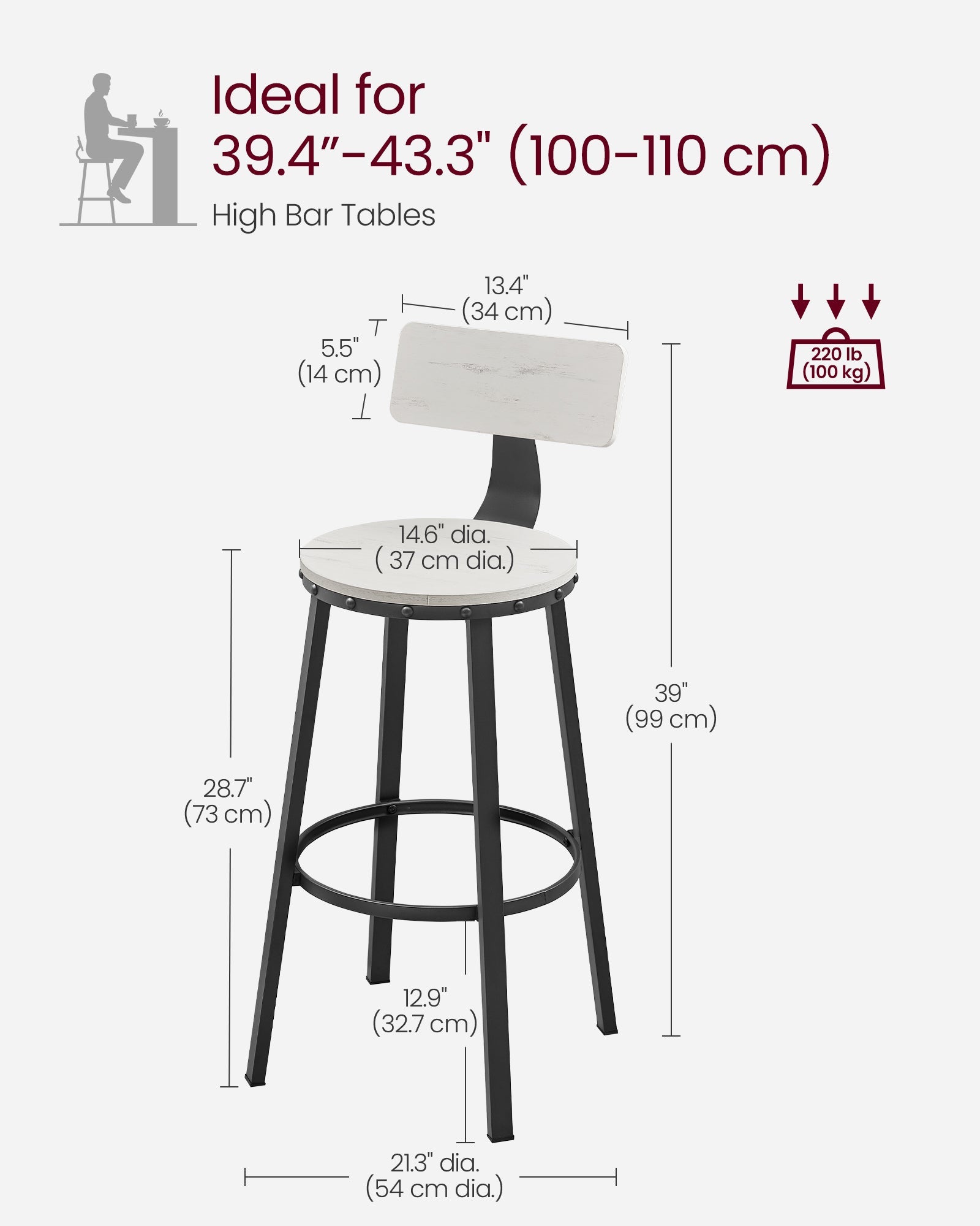 Tall Bar Stools – Heavy-Duty Steel – Rustic Brown and Black – Backrest Design, Easy Assembly, 73.2 cm High Seat