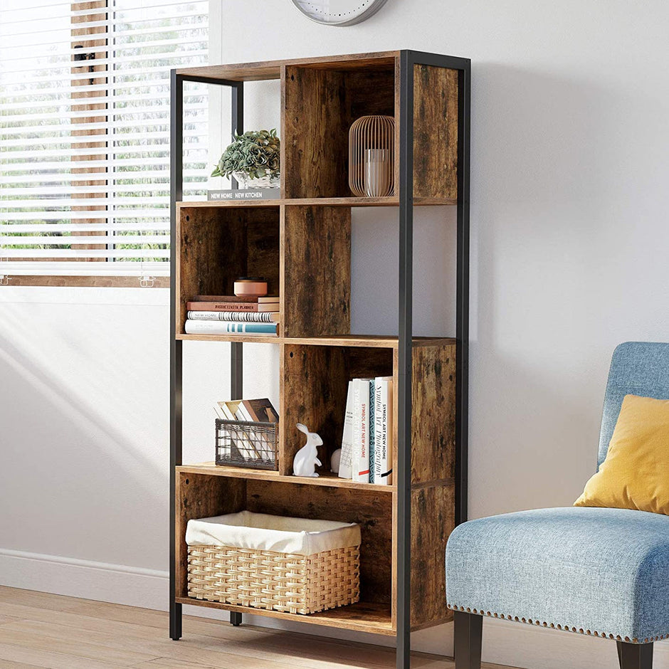 Bookshelf – Steel Frame – Rustic Brown and Black – Industrial Style Storage Rack