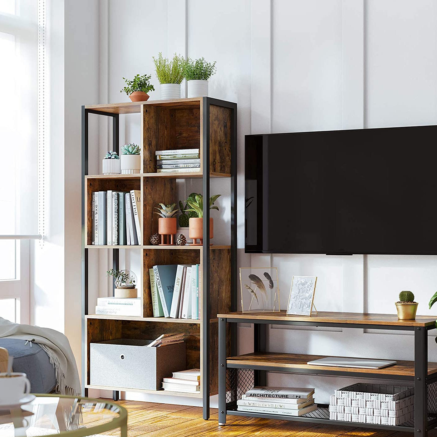 Bookshelf – Steel Frame – Rustic Brown and Black – Industrial Style Storage Rack