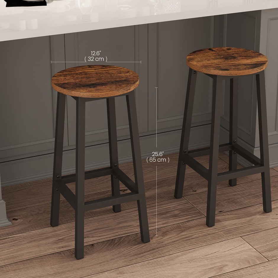 Set of 2 Bar Stools – Metal Frame – Rustic Brown and Black – 65 cm High with Footrests