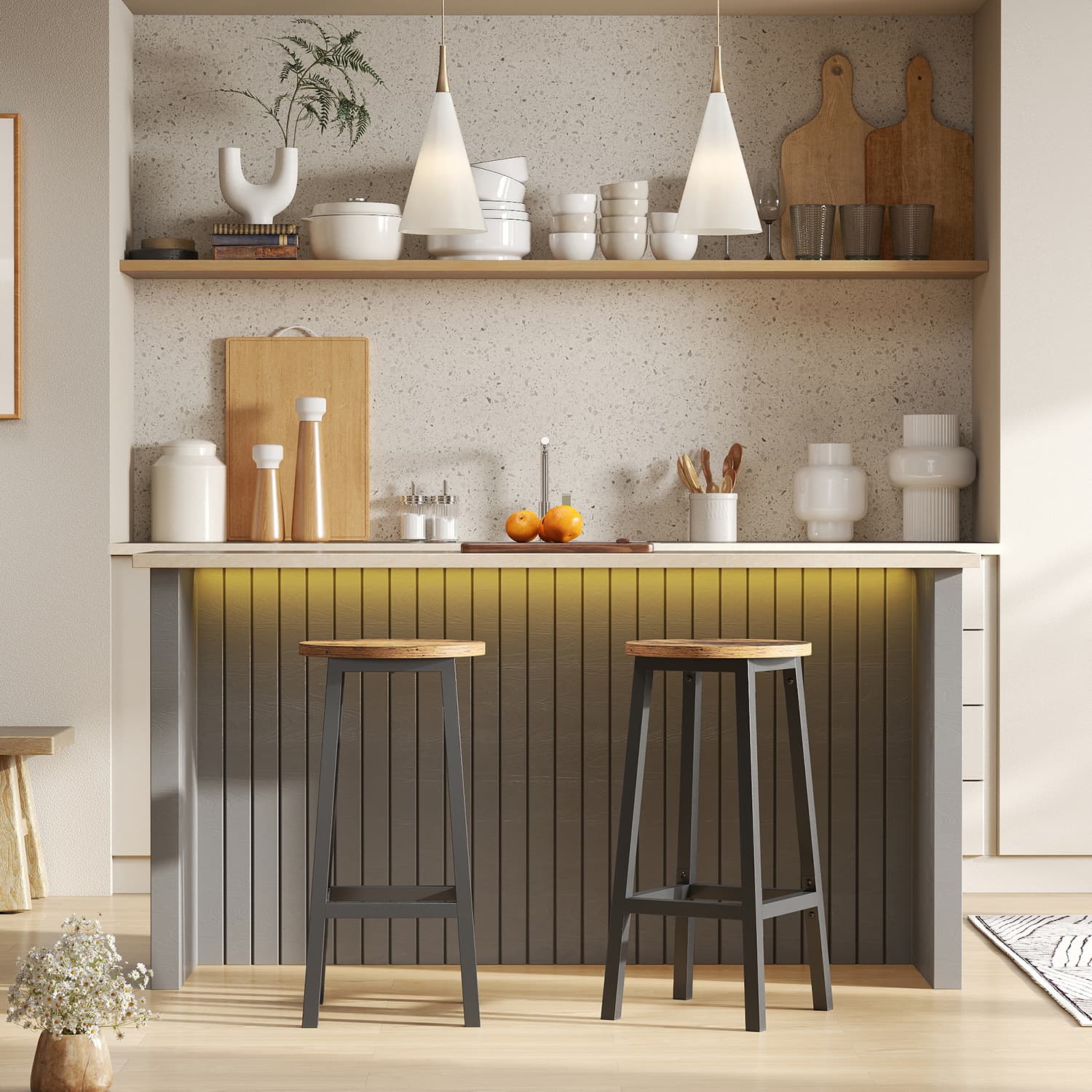Set of 2 Bar Stools – Metal Frame – Rustic Brown and Black – 65 cm High with Footrests