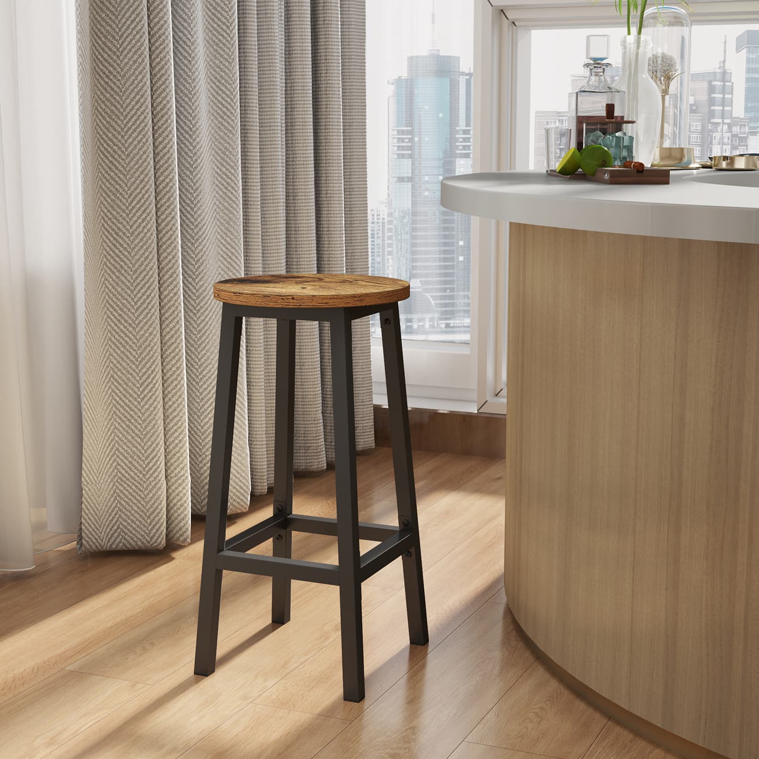 Set of 2 Bar Stools – Metal Frame – Rustic Brown and Black – 65 cm High with Footrests