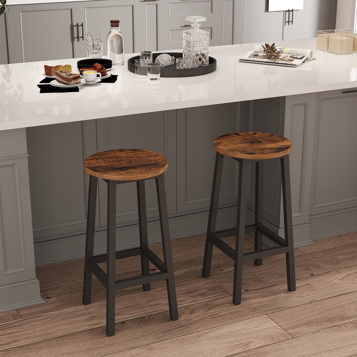 Set of 2 Bar Stools – Metal Frame – Rustic Brown and Black – 65 cm High with Footrests