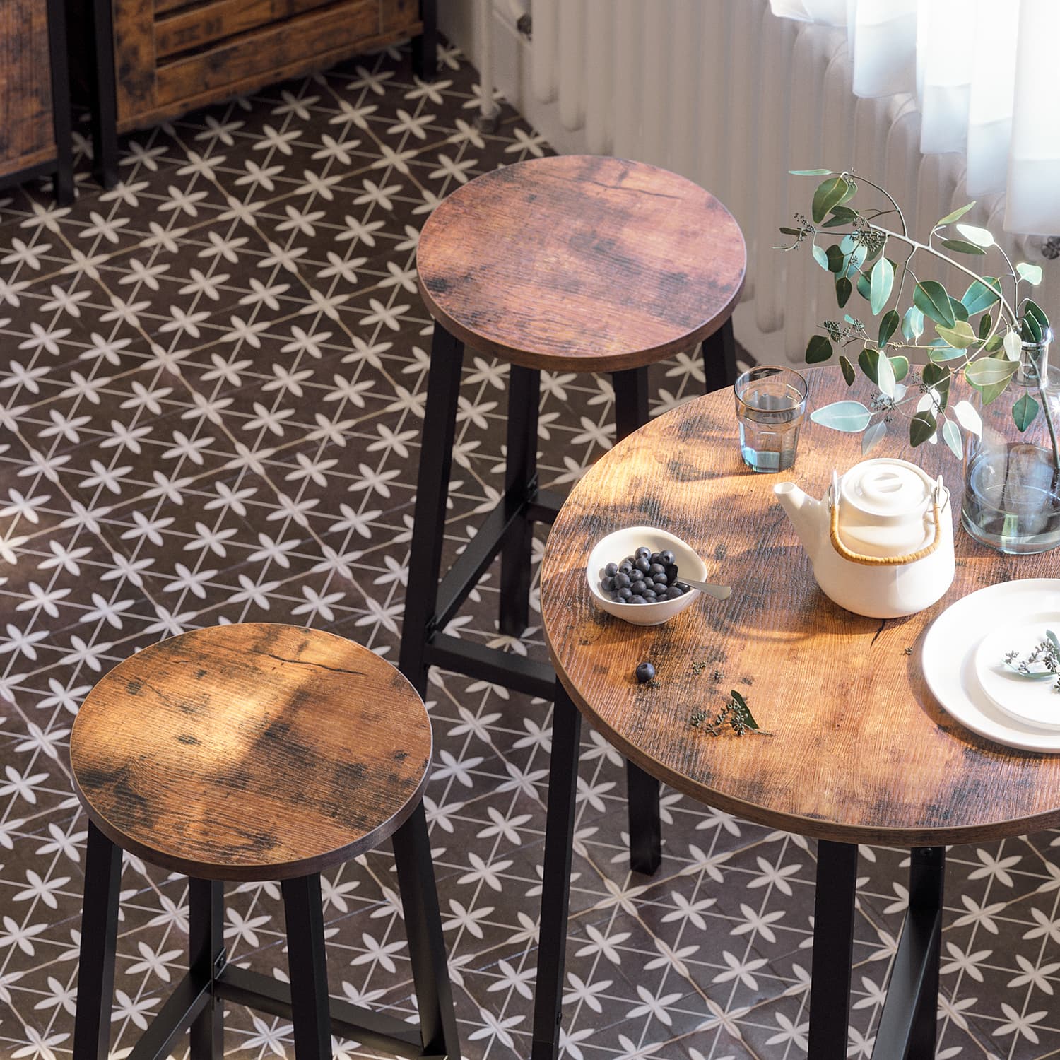 Set of 2 Bar Stools – Metal Frame – Rustic Brown and Black – 65 cm High with Footrests