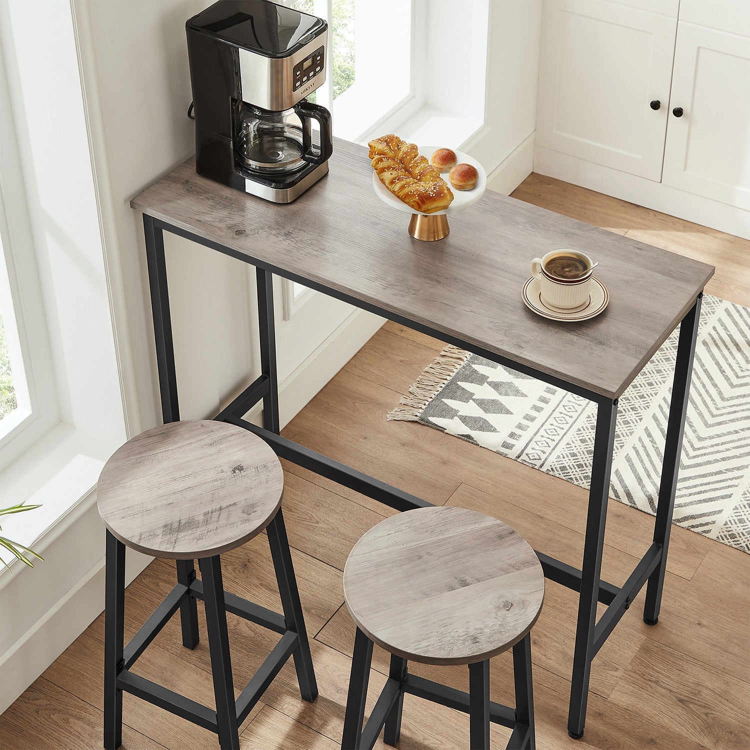 Set of 2 Kitchen Stools – Metal Frame – Greige and Black – Easy to Assemble