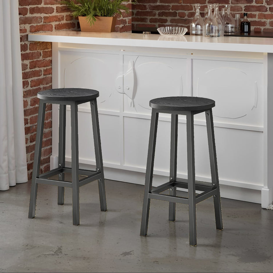 Bar Stools – Wood – Oak Beige and White – Set of 2 with Footrest