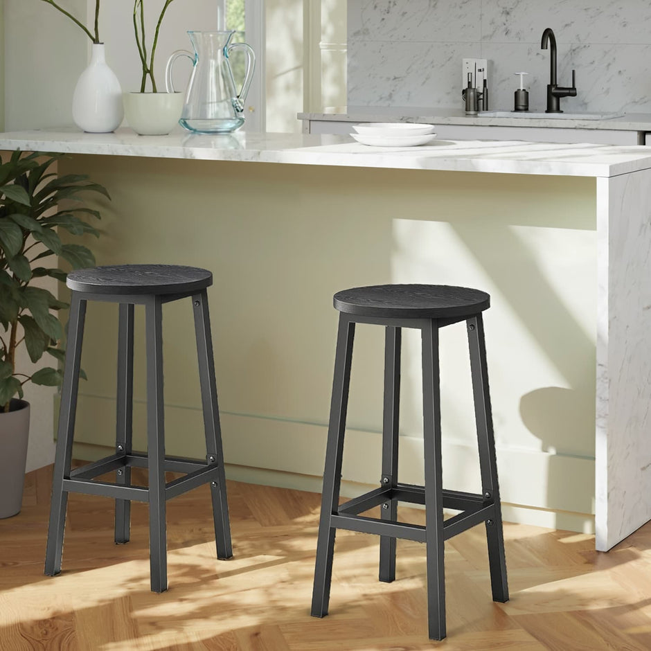 Bar Stools – Wood – Oak Beige and White – Set of 2 with Footrest