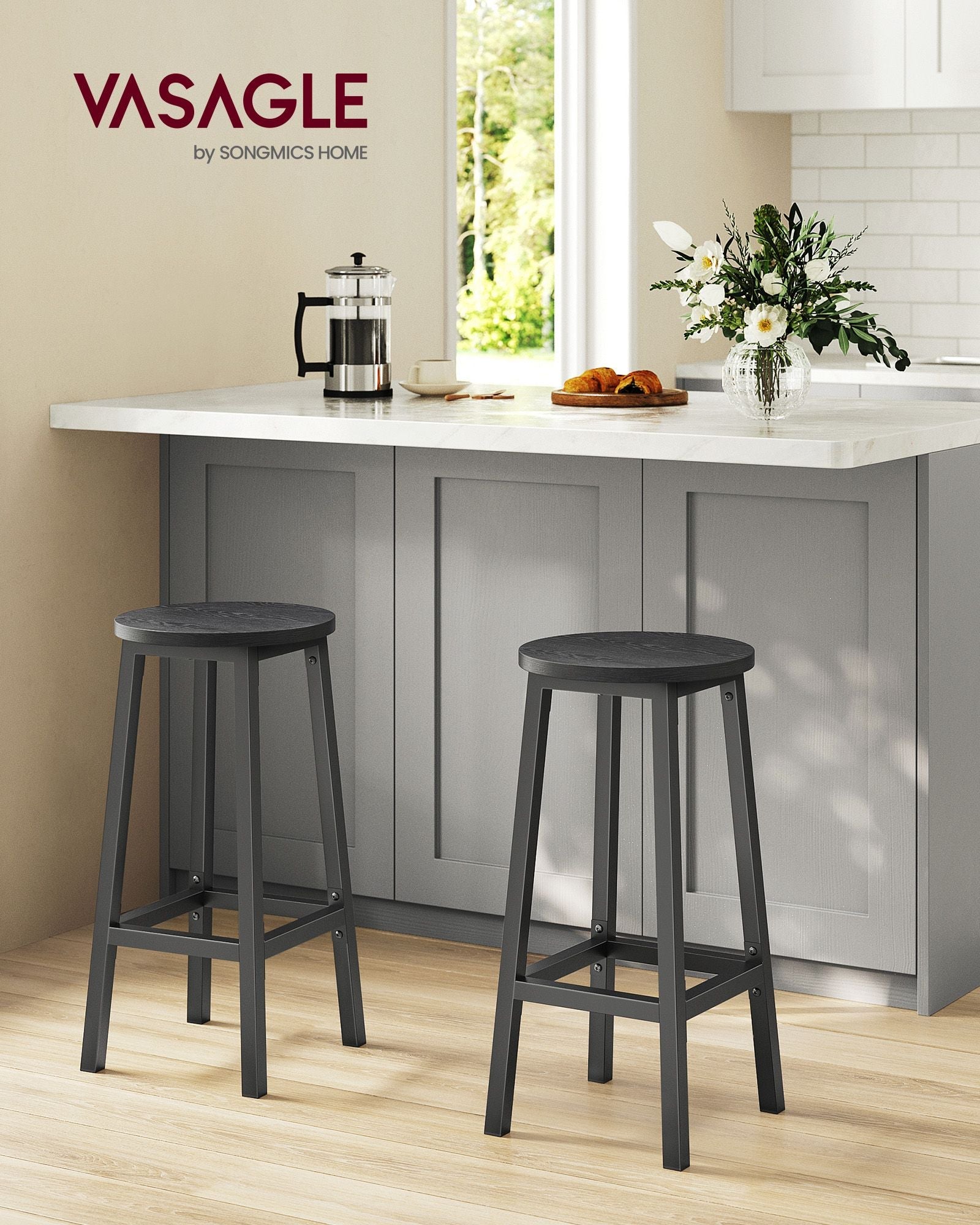 Bar Stools Set of 2 – Metal Frame – Ebony Black and Classic Black – Easy to Assemble