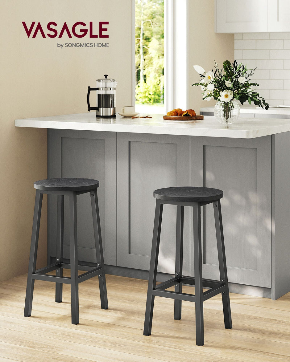 Bar Stools Set of 2 – Metal Frame – Ebony Black and Classic Black – Easy to Assemble