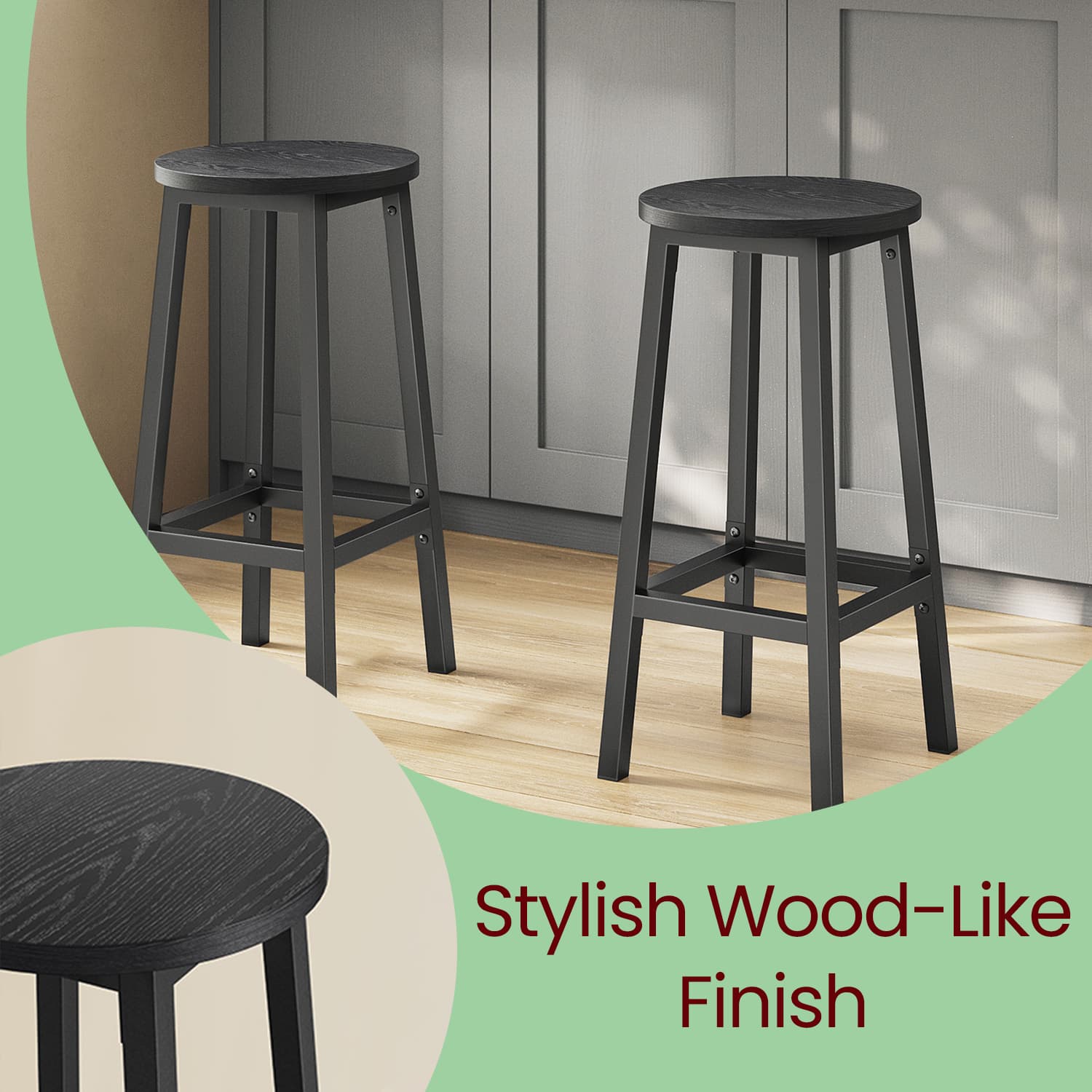 Bar Stools – Wood – Oak Beige and White – Set of 2 with Footrest