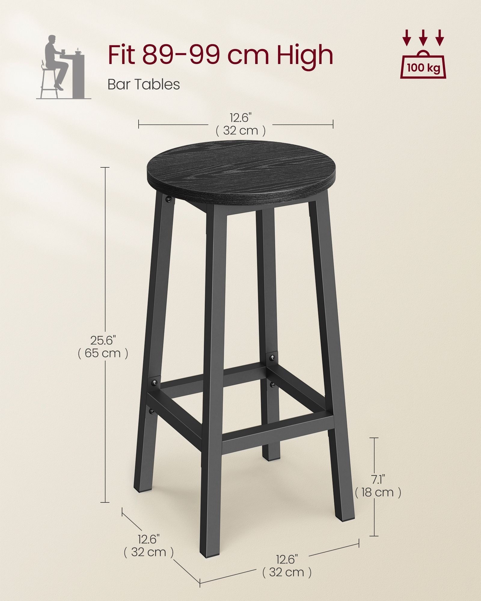 Bar Stools Set of 2 – Metal Frame – Ebony Black and Classic Black – Easy to Assemble