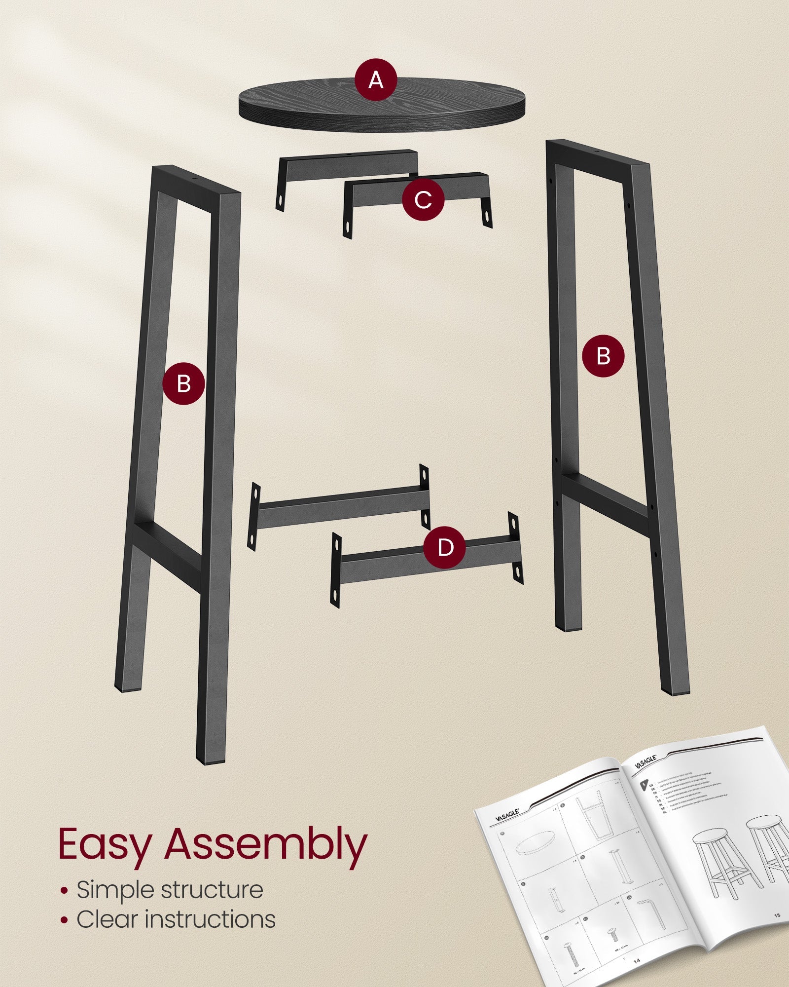 Bar Stools Set of 2 – Metal Frame – Ebony Black and Classic Black – Easy to Assemble