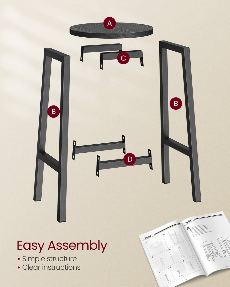 Bar Stools Set of 2 – Metal Frame – Ebony Black and Classic Black – Easy to Assemble
