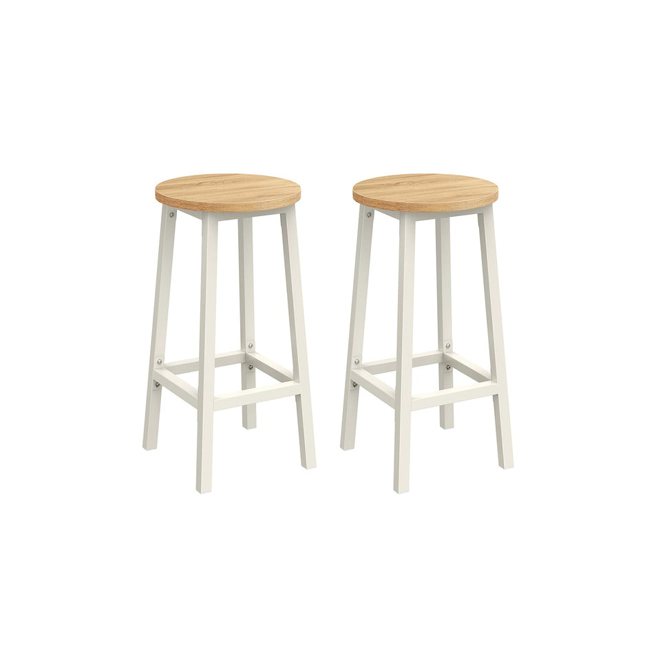 Set of 2 Bar Stools – Metal and Wood – Oak Beige and Cloud White – Footrests Included