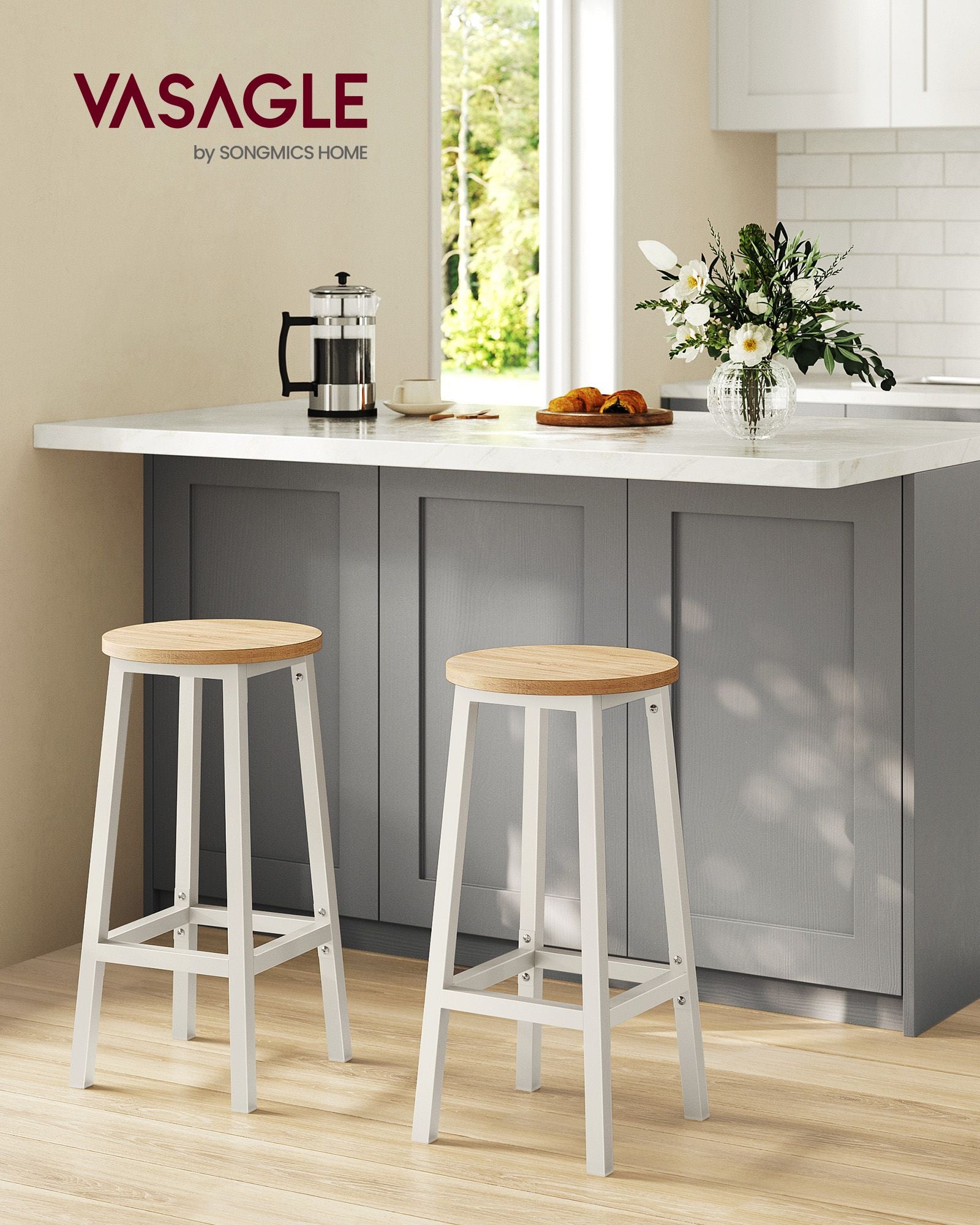 Set of 2 Bar Stools – Metal and Wood – Oak Beige and Cloud White – Footrests Included
