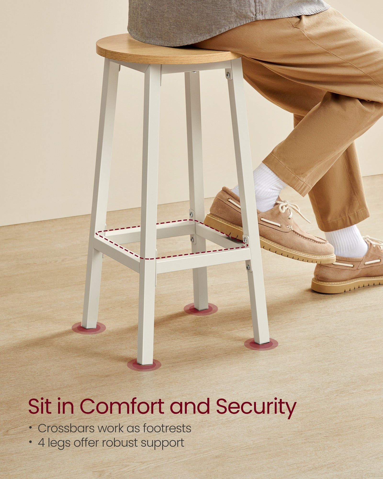 Set of 2 Bar Stools – Metal and Wood – Oak Beige and Cloud White – Footrests Included