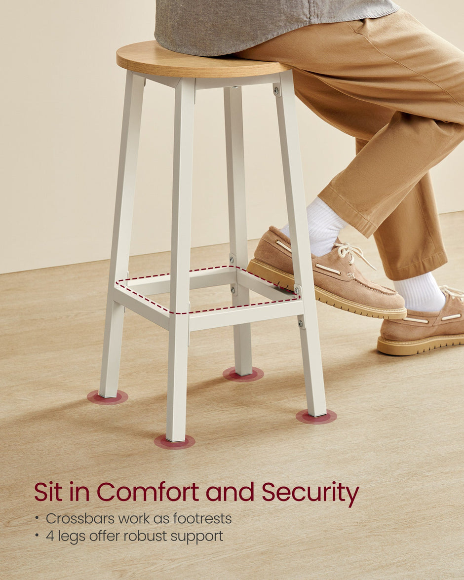 Set of 2 Bar Stools – Metal and Wood – Oak Beige and Cloud White – Footrests Included