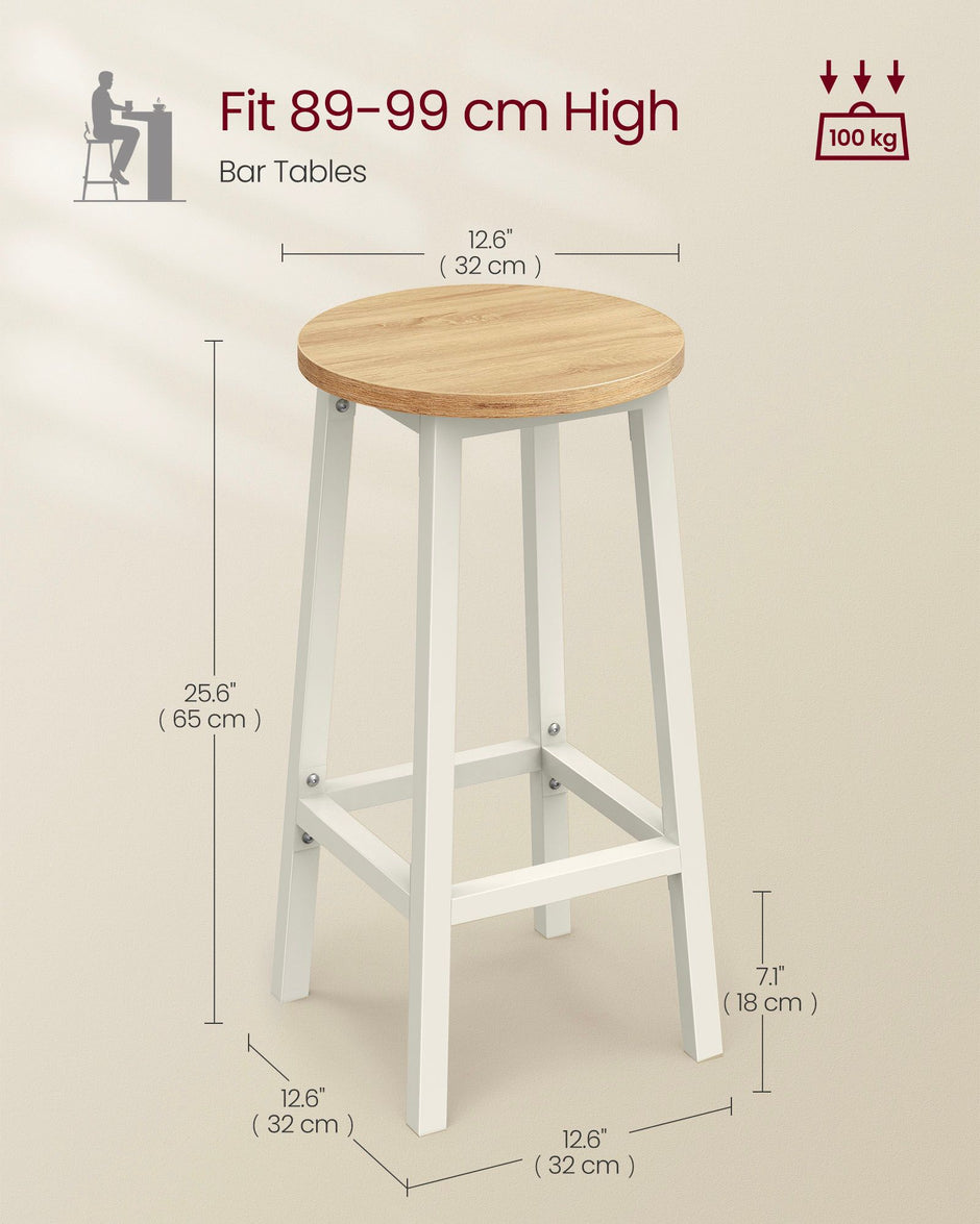 Set of 2 Bar Stools – Metal and Wood – Oak Beige and Cloud White – Footrests Included