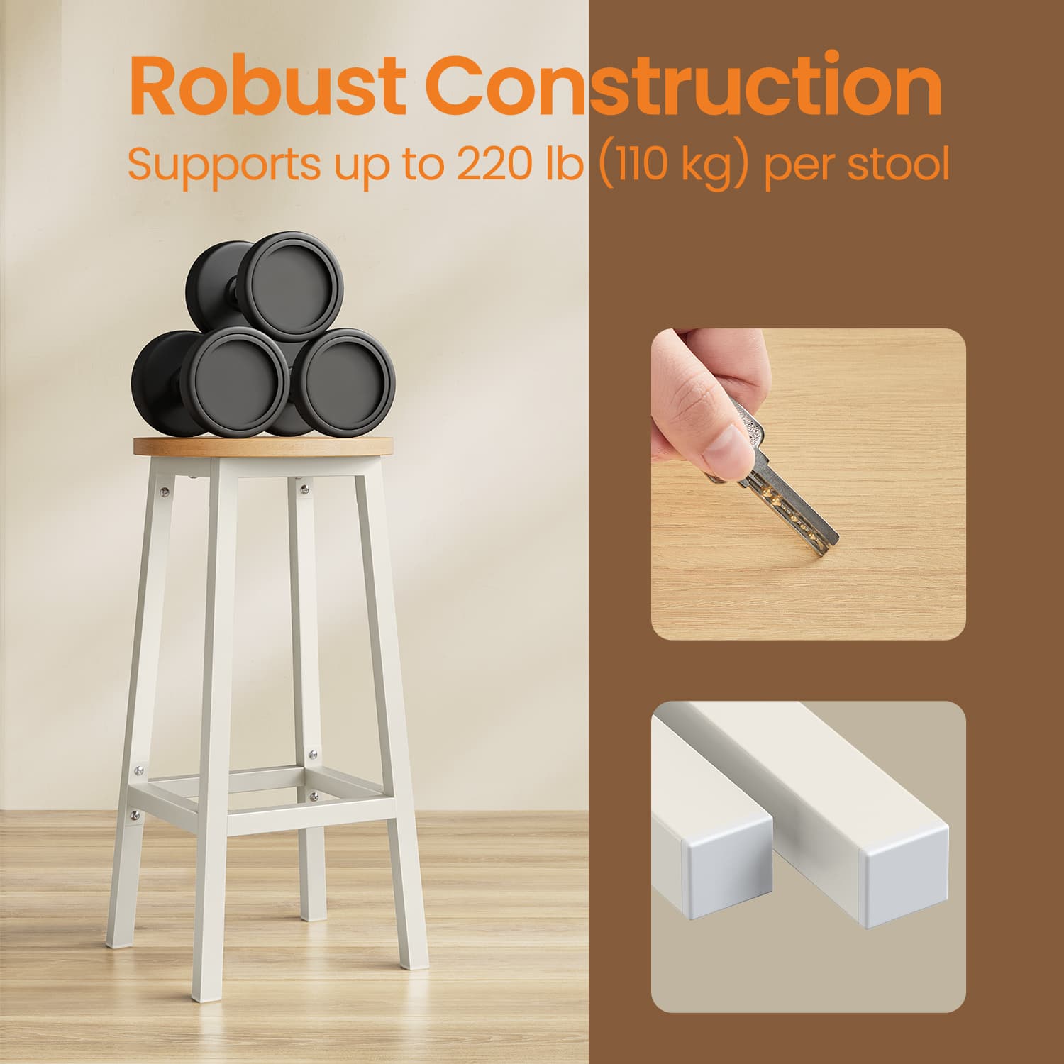 Set of 2 Bar Stools – Metal Frame – Oak Beige and White – 65 cm High with Footrests