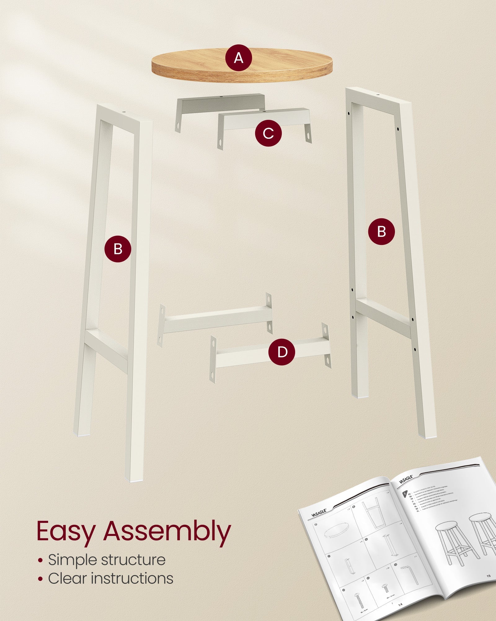 Set of 2 Bar Stools – Metal and Wood – Oak Beige and Cloud White – Footrests Included