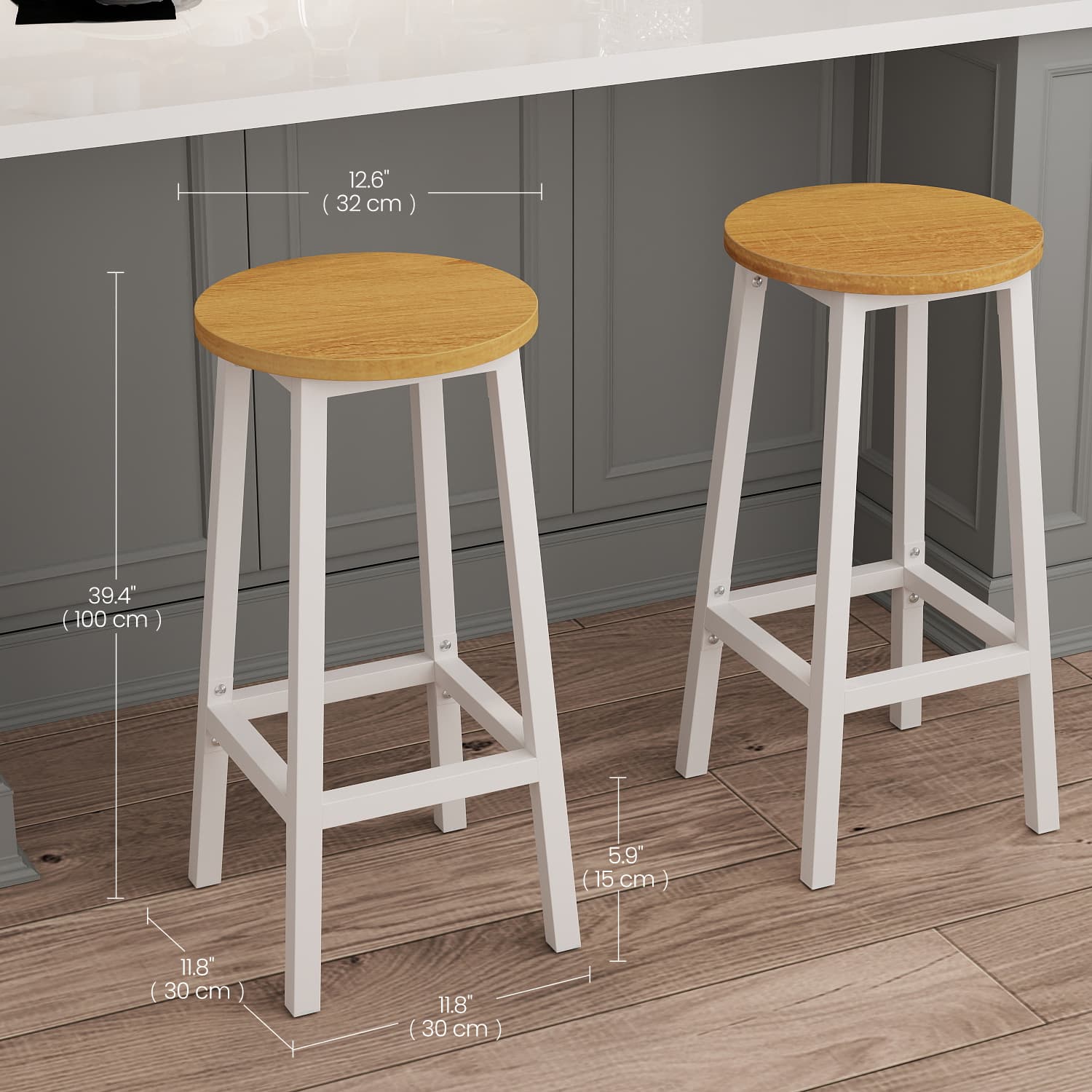 Set of 2 Bar Stools – Metal Frame – Oak Beige and White – 65 cm High with Footrests