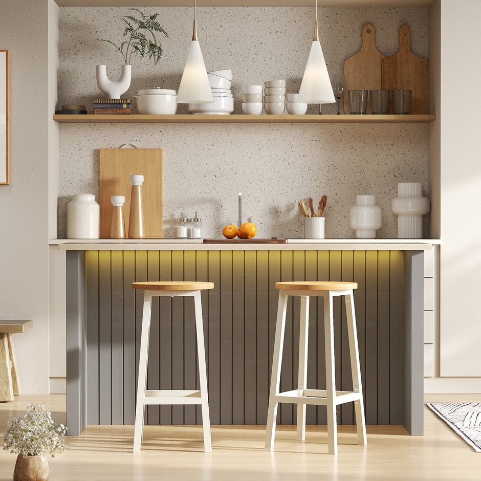 Set of 2 Bar Stools – Metal Frame – Oak Beige and White – 65 cm High with Footrests