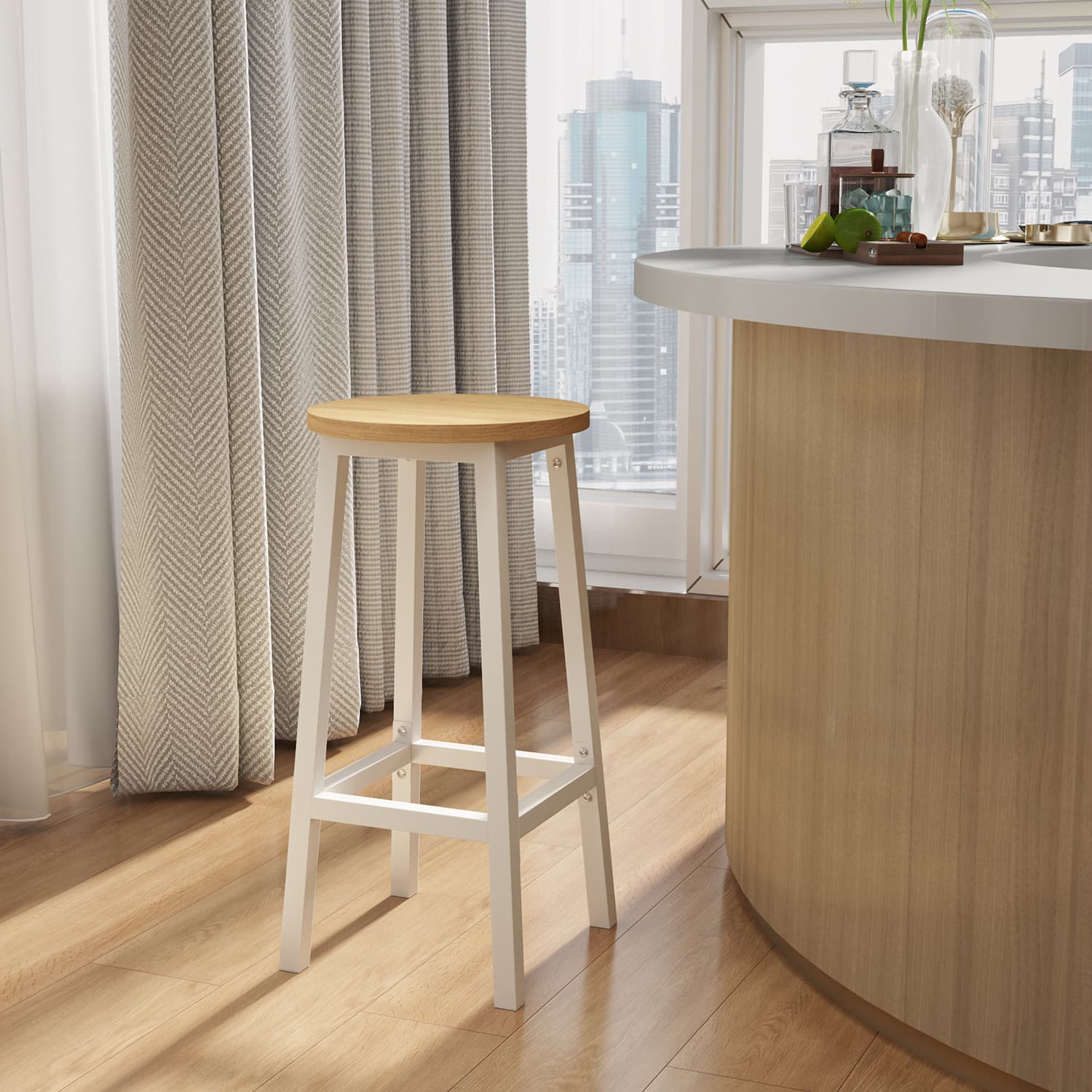 Set of 2 Bar Stools – Metal Frame – Oak Beige and White – 65 cm High with Footrests