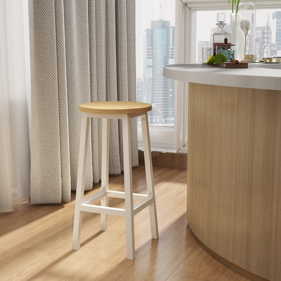 Set of 2 Bar Stools – Metal Frame – Oak Beige and White – 65 cm High with Footrests