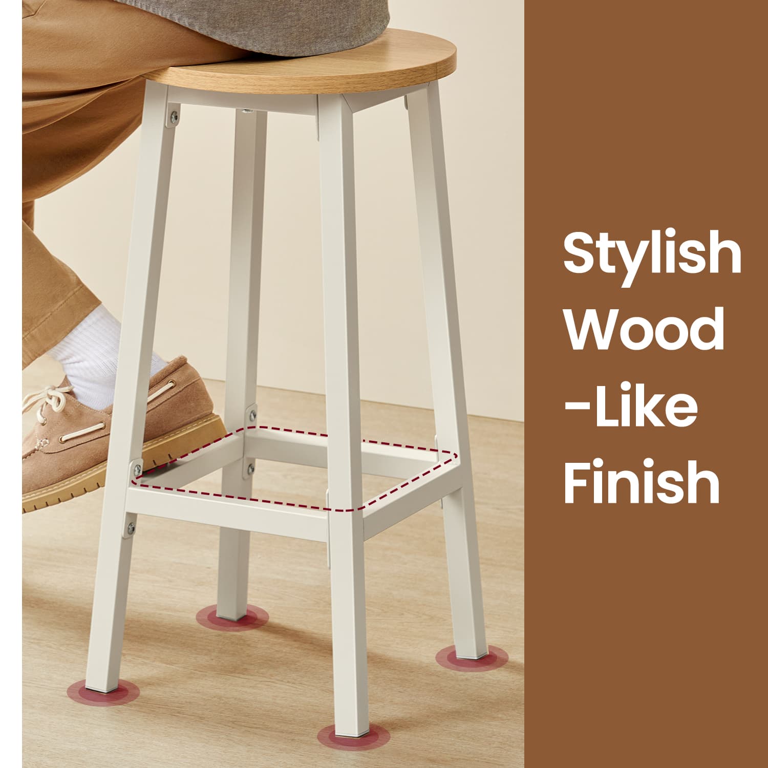 Set of 2 Bar Stools – Metal Frame – Oak Beige and White – 65 cm High with Footrests