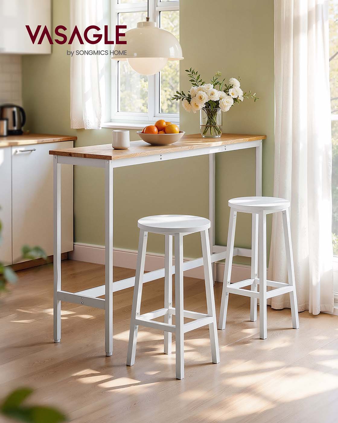 Set of 2 Kitchen Stools – Metal Frame – Cloud White – Easy to Assemble