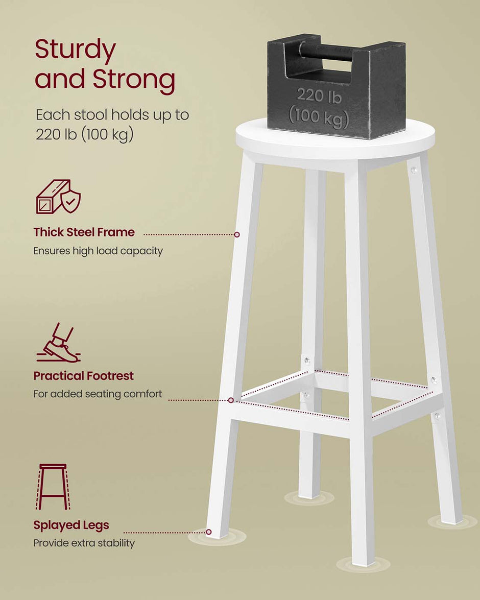 Set of 2 Kitchen Stools – Metal Frame – Cloud White – Easy to Assemble