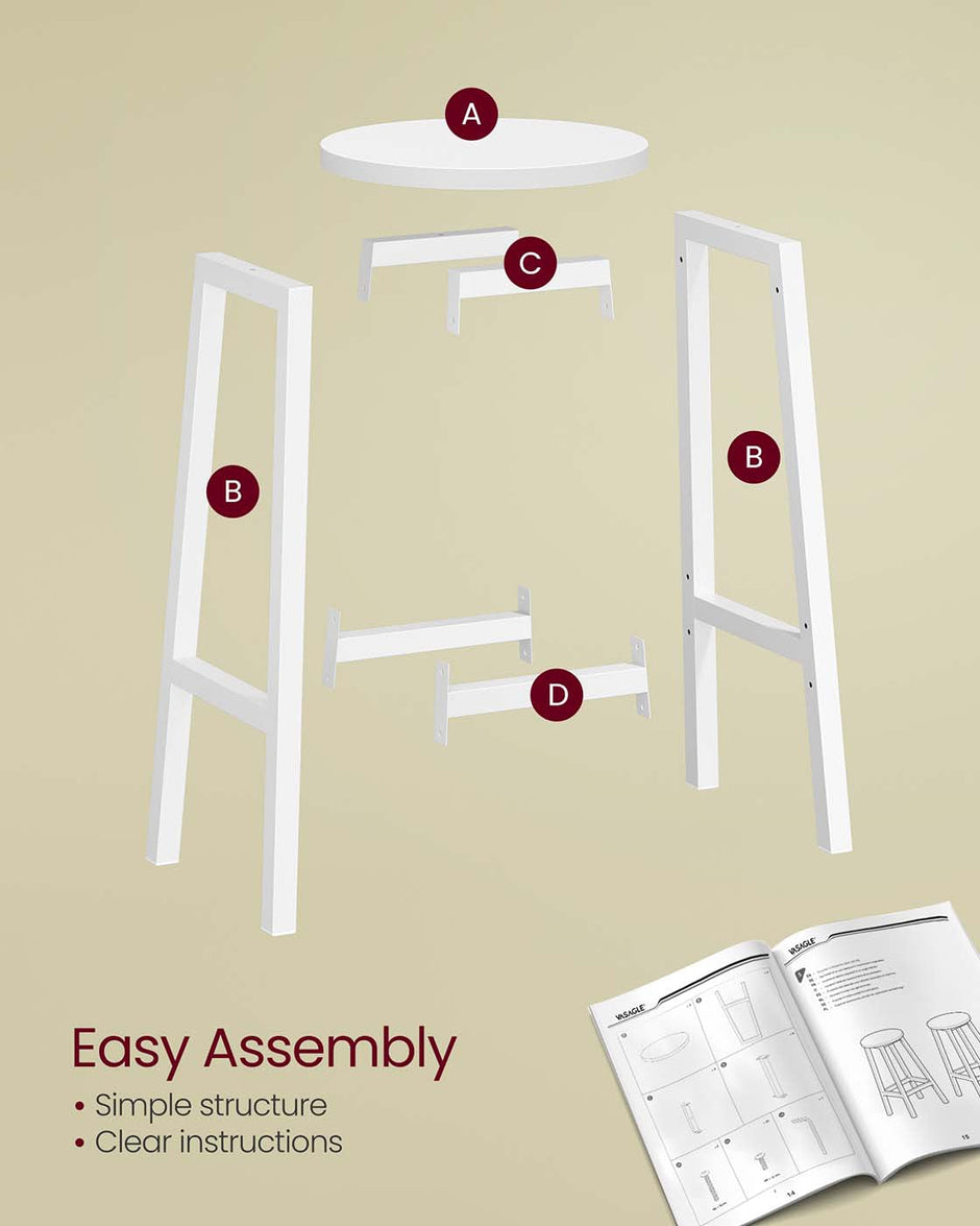 Set of 2 Kitchen Stools – Metal Frame – Cloud White – Easy to Assemble