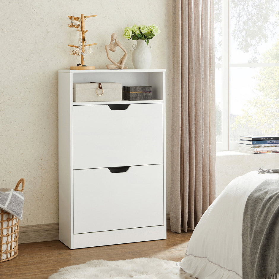 Shoe Cabinet – Melamine Veneer – Rustic Brown – Two Flaps with Open Shelf