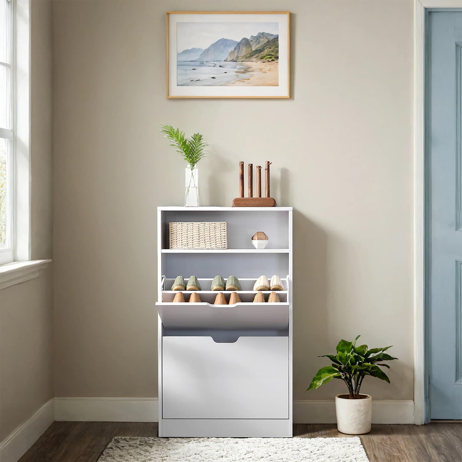 Shoe Storage Cabinet – Melamine Veneer – Rustic Brown – Adjustable Divider for 8-12 Pairs of Shoes
