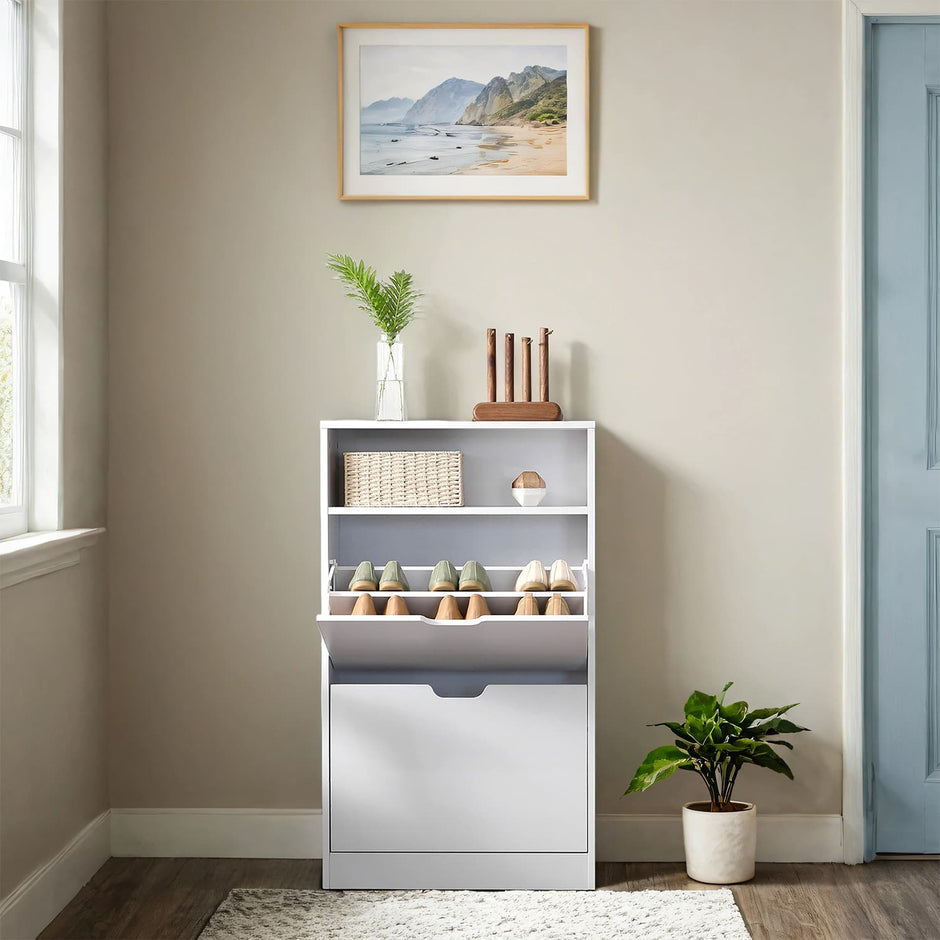 Shoe Storage Cabinet – Melamine Veneer – Rustic Brown – Adjustable Divider for 8-12 Pairs of Shoes