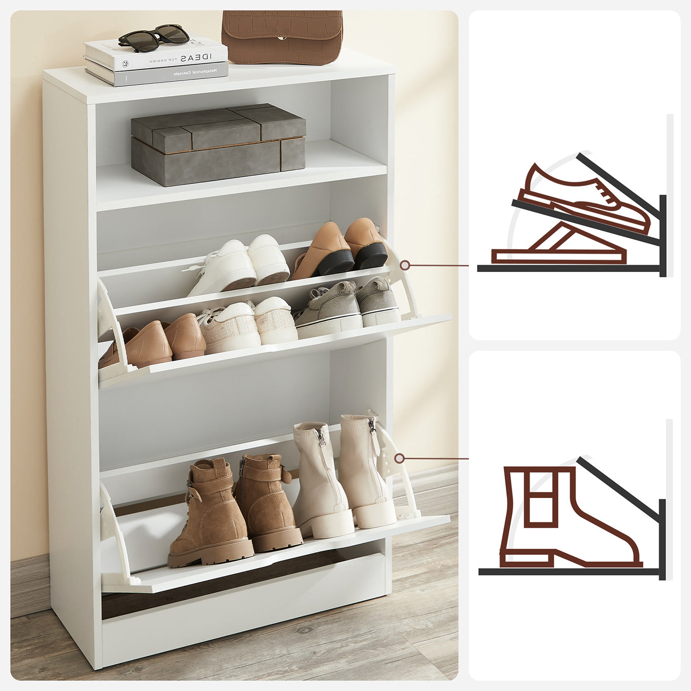 Shoe Cabinet – Melamine Veneer – Rustic Brown – Two Flaps with Open Shelf