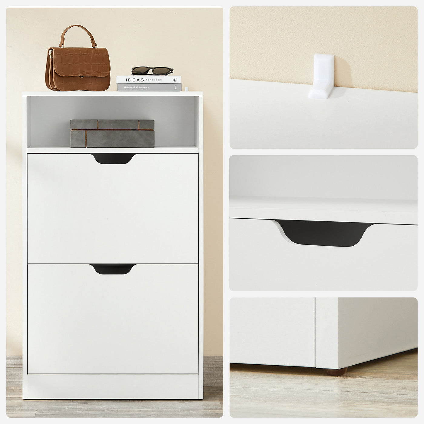 Shoe Cabinet – Melamine Veneer – Rustic Brown – Two Flaps with Open Shelf