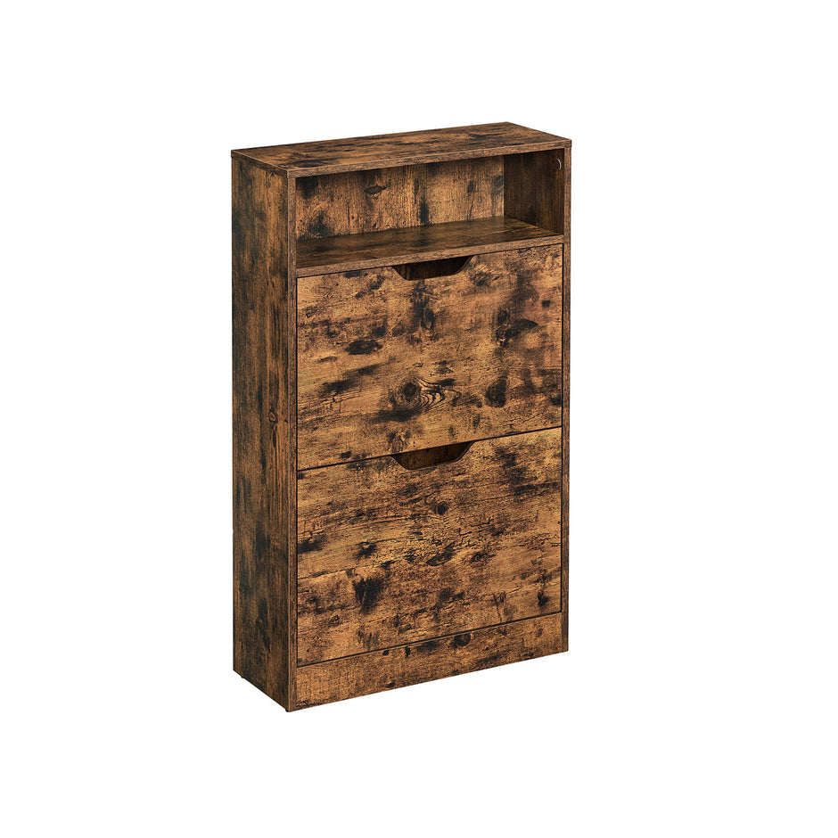Shoe Cabinet – Melamine Veneer – Rustic Brown – Two Flaps with Open Shelf