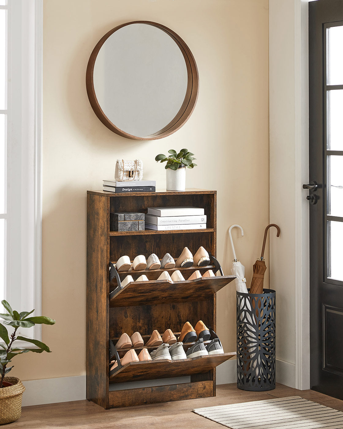 Shoe Cabinet – Melamine Veneer – Rustic Brown – Two Flaps with Open Shelf