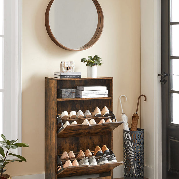 Shoe Cabinet – Melamine Veneer – Rustic Brown – Two Flaps with Open Shelf