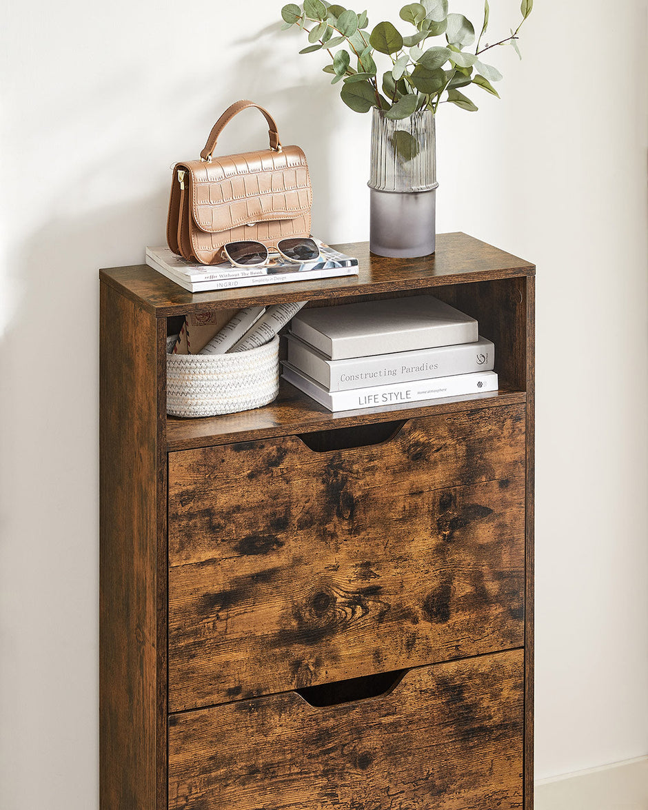 Shoe Cabinet – Melamine Veneer – Rustic Brown – Two Flaps with Open Shelf
