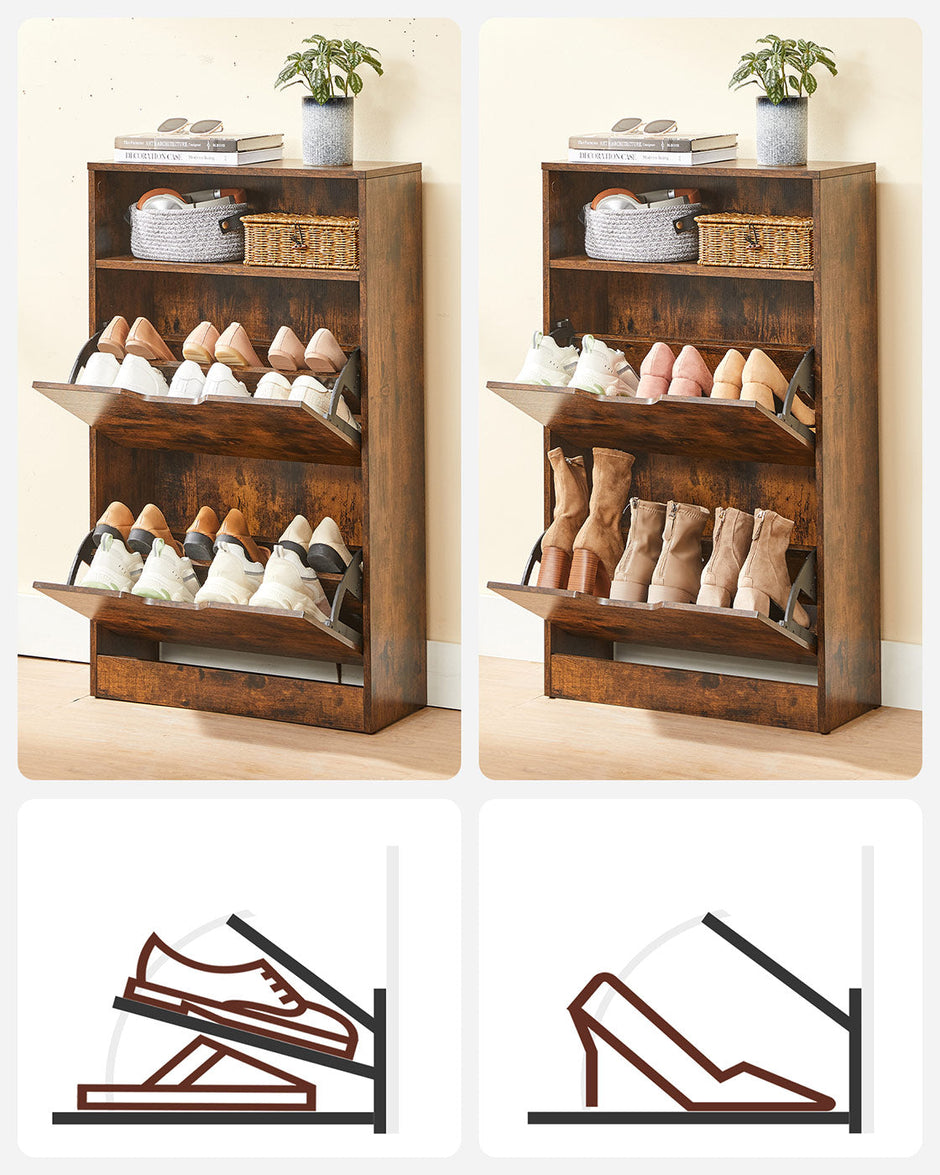 Shoe Cabinet – Melamine Veneer – Rustic Brown – Two Flaps with Open Shelf