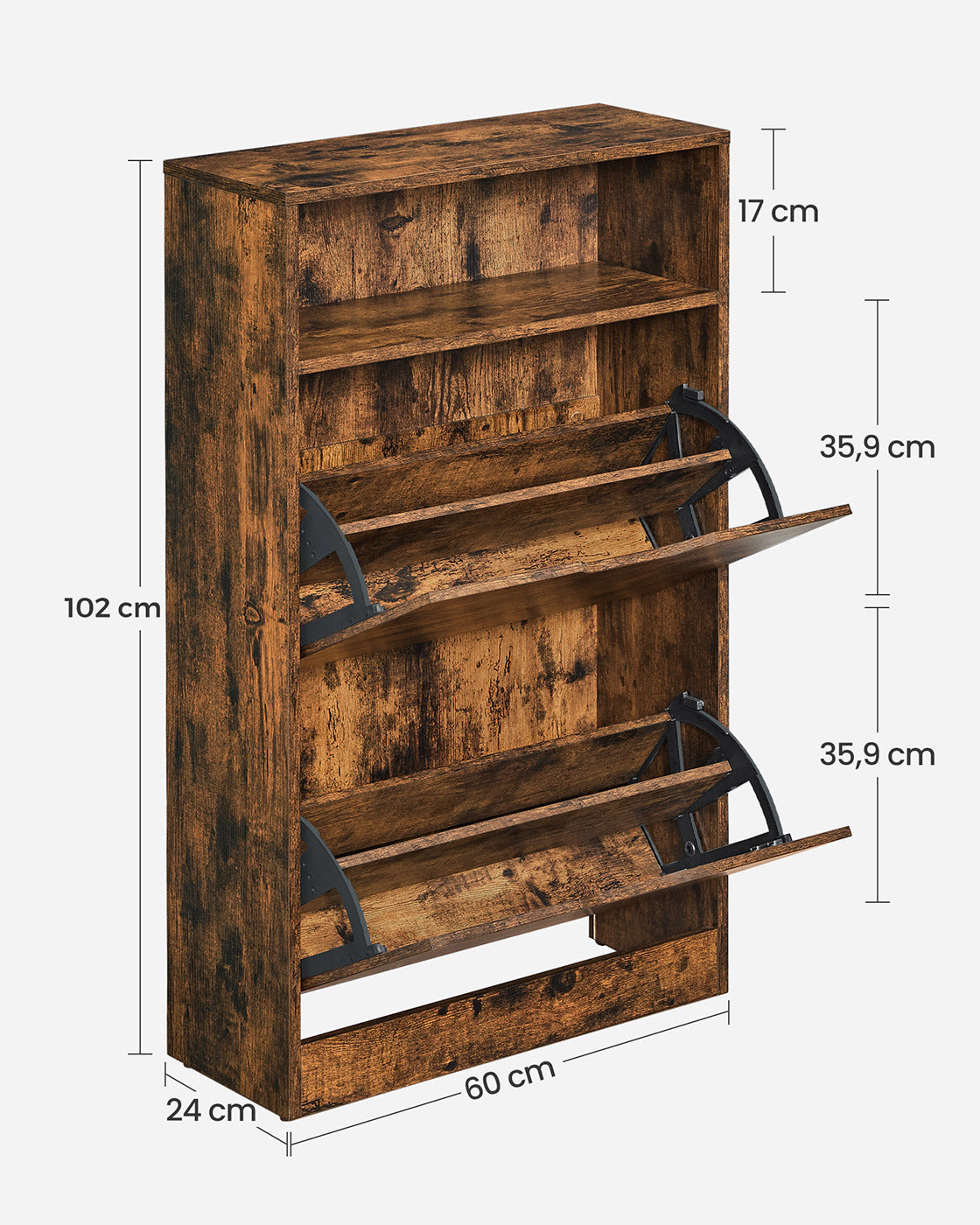 Shoe Cabinet – Melamine Veneer – Rustic Brown – Two Flaps with Open Shelf