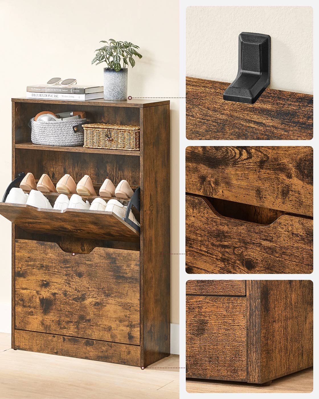 Shoe Cabinet – Melamine Veneer – Rustic Brown – Two Flaps with Open Shelf